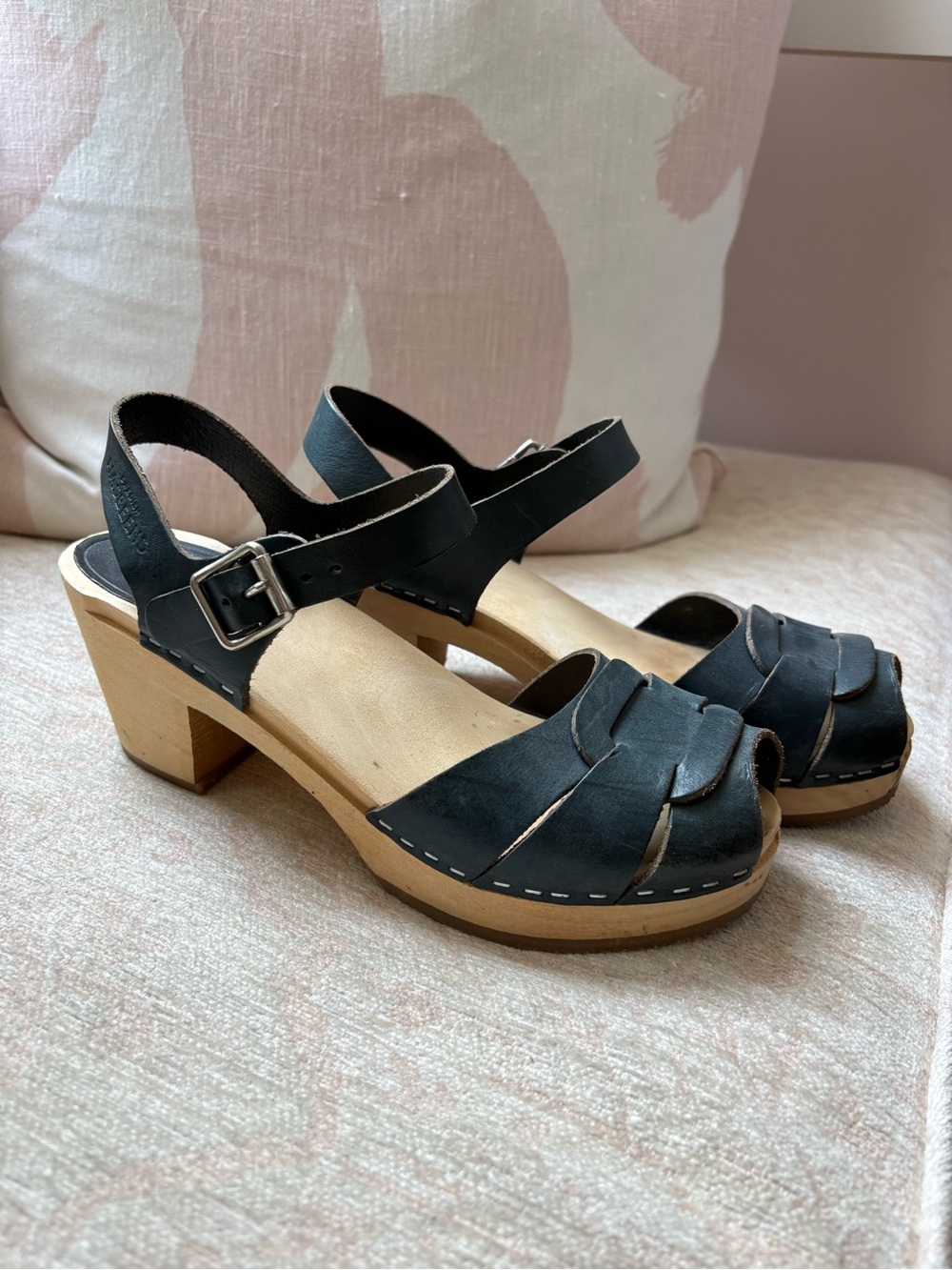 Swedish Hasbeens Navy Leather Open-Toe Clog Sandals with Ankle Buckle